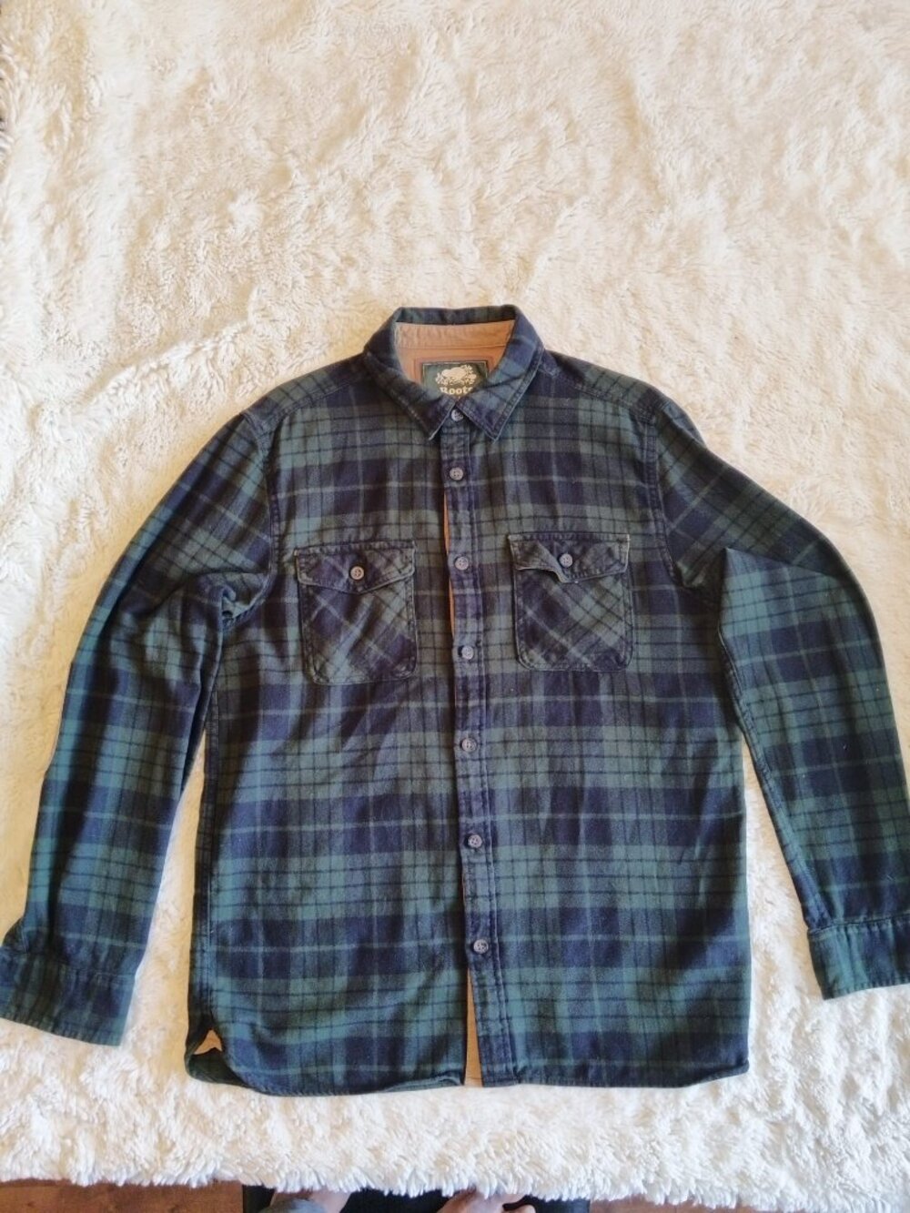 Roots Canada Flannel Plaid Shirt Green/Navy w/ Elbow Patches - Size L - Picture 9 of 14